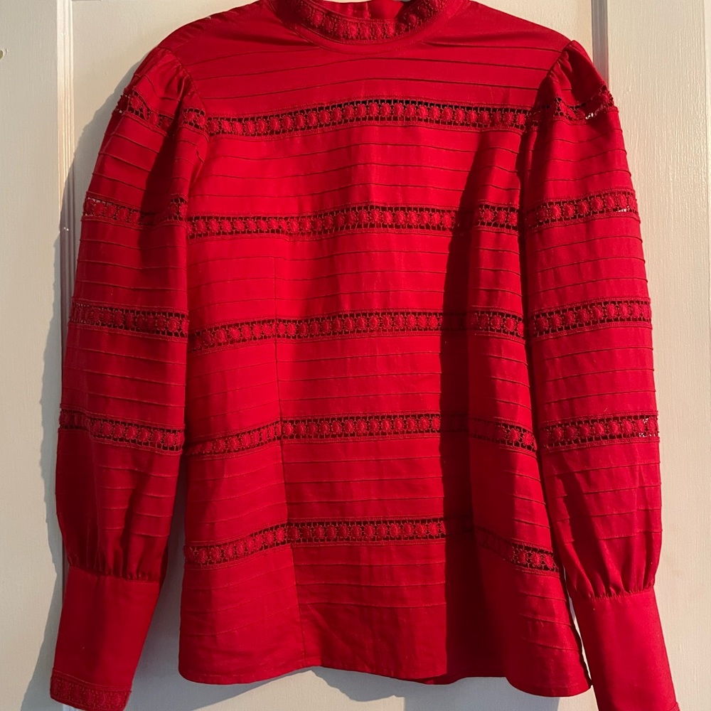 & other stories red eyelet cotton high neck blouse